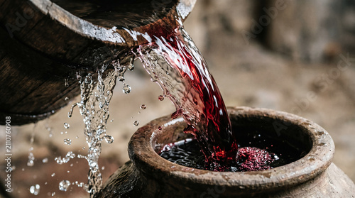 Jesus performing his first miracle, turning six large stone water jars into fine wine at the wedding in Cana