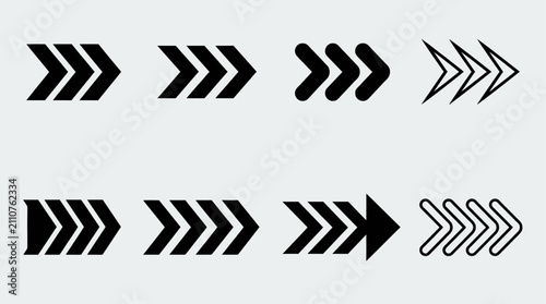 Dynamic collection of sleek black vector arrows pointing right, representing direction, progress, and navigation in modern graphic design elements for web and app interfaces