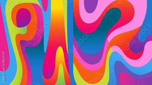 Vibrant retro psychedelic background inspired by 1970s posters, featuring warped graphic shapes, colorful gradients and a groovy vintage aesthetic.