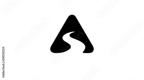 Abstract black triangle logo with a winding white path, representing a journey, road, or flow, symbolizing progress, direction, and discovery in a modern and minimalist design