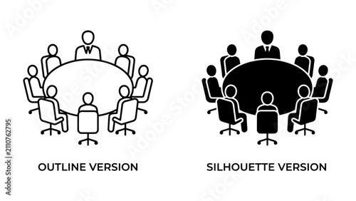 Meeting Icons: Two distinct icon representations of a meeting in progress, one outlined and one silhouetted, depicting a group of people gathered around a table.