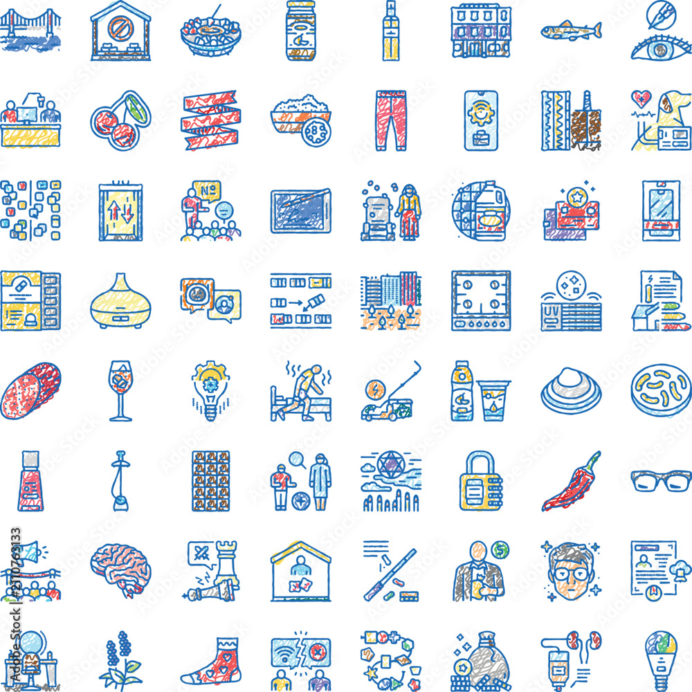 Naklejka premium Hand drawn style collection of outline icons illustrating a wide range of objects, activities, and concepts suitable for diverse digital and print projects