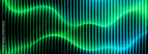 A glowing neon green and blue vertical wavy light line design pattern on a transparent background.