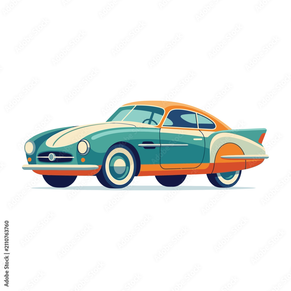 Fototapeta premium Retro Car Illustration - Vintage Auto, Classic Vehicle Design, Teal & Orange