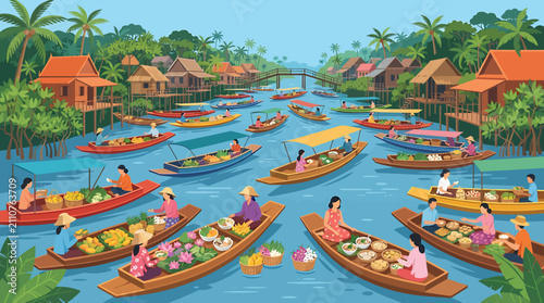 Vibrant illustration of a traditional floating market with boats and wooden houses on a river in Southeast Asia.