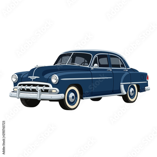 Retro Blue Sedan Car, Vintage Automobile, Classic Vehicle, 1950s Style