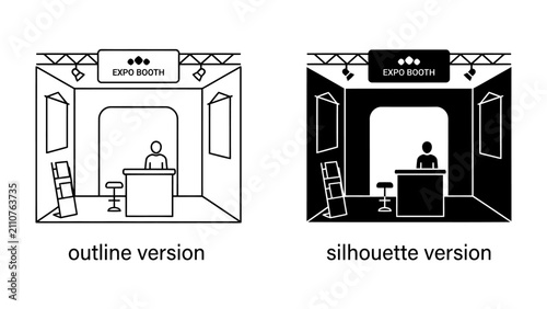 Expo Booth Display: Two representations of an exhibition booth, one as a clean outline and the other as a solid silhouette, showcasing a professional setup for a trade show.