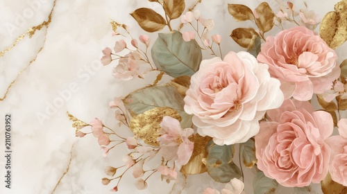 Elegant arrangement of pink roses with golden accents, set against a marbled backdrop