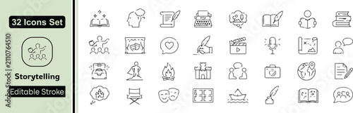 Storytelling Line Icons Set - 32 Editable Stroke Creative Writing and Narrative Vector Elements