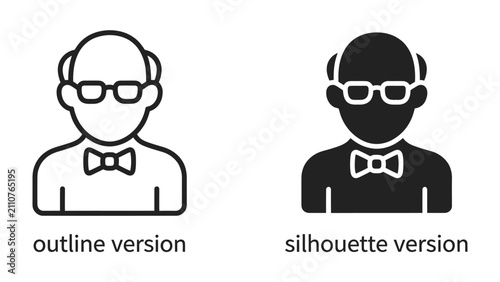 Cuadro en lienzo An Old Gentleman Icon: Two stylized icons depict an elderly man with glasses and a bow tie, presented in both outline and silhouette formats, symbolizing a classic or distinguished individual