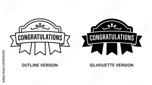 Foto Congratulations Badge Set: Two stylized badges, one an outline and the other a silhouette, both featuring a ribbon and the word Congratulations, representing achievement and recognition