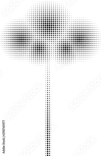 A stylized tree with a rounded canopy and a long vertical trunk, formed by a black halftone dot pattern on a white background