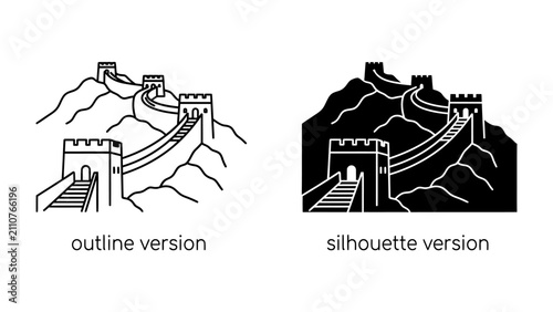 Konstfotografi Great Wall of China Outline and Silhouette: Two minimalist illustrations depict the iconic Great Wall of China snaking over rugged mountains, presented in both a clear outline and a bold silhouette