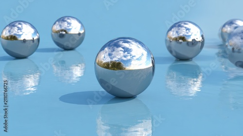 Reflective Metal Spheres on Smooth Light Blue Surface Under Sky