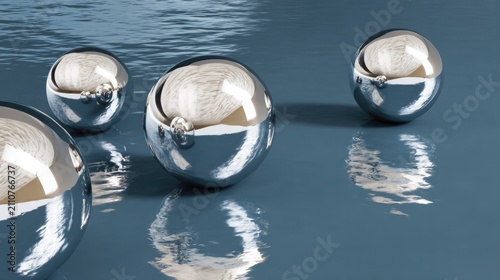 Reflective Spheres on Calm Water Surface in Soft Blue Hue