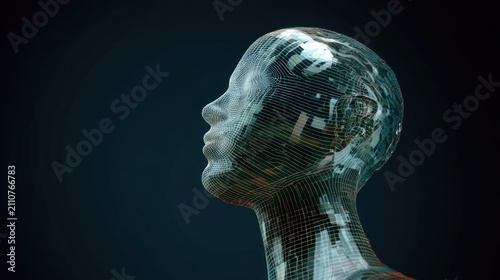 Digital Abstract Head with Wireframe Effect in Dark Background