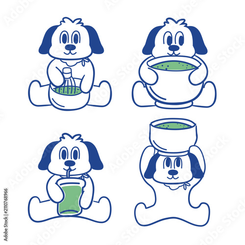 Cute Puppy Making Matcha Green Tea Set Cartoon Vector Illustration Collection