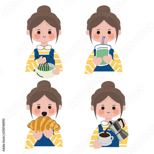 Cute Girl Enjoying Matcha, Coffee and Croissant Cartoon Vector Illustration Set