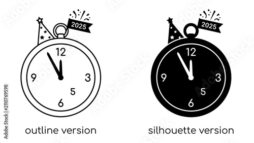 Canvastavla New Year Clock Countdown: Two stylized clocks, one outline and one silhouette, mark the imminent arrival of the New Year, complete with festive party hats and a 2025 flag
