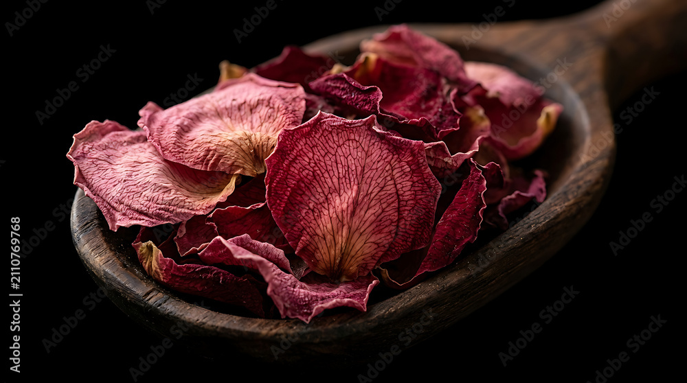Obraz premium Dried Rose Petals as Spice Macro – Crimson Pink Petals Texture Closeup Dark Background