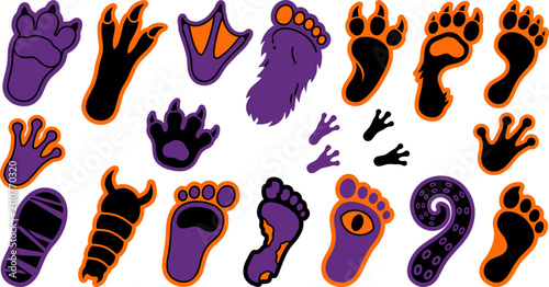 Collection of colorful monster footprints and animal tracks for creative halloween decorations and party crafts