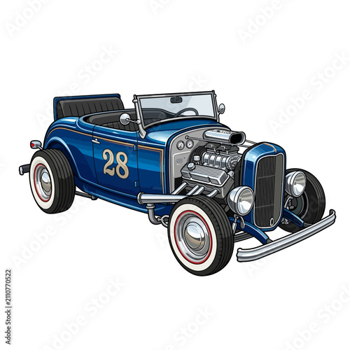 Classic Blue Hot Rod Car with Exposed Engine and Number 28