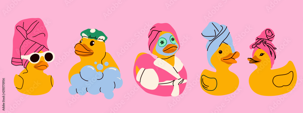 Fototapeta premium Funny Spa Ducks with Towels Cucumber Masks and Bubbles