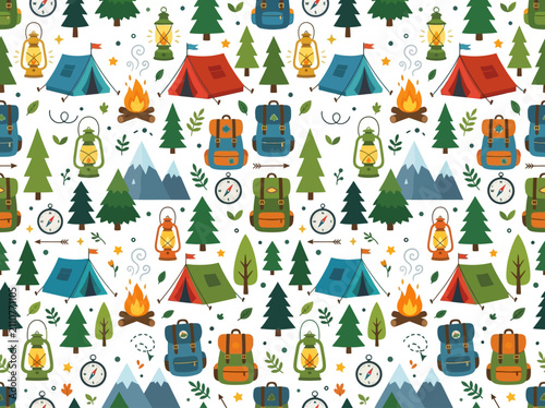 Colorful Camping Tents And Campfires In Forest Pattern.
