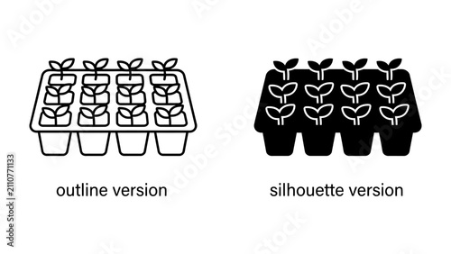 Quadro su tela Seedling Tray Outline and Silhouette: Two identical seedling trays, one presented as an outline and the other as a solid silhouette, showcase rows of young plants sprouting with tiny leaves