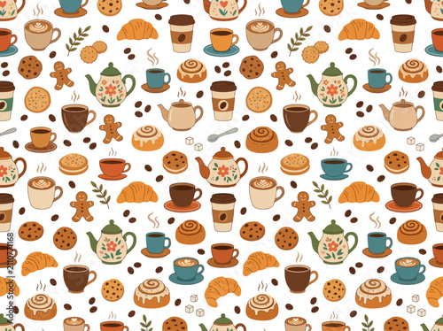 Colorful Vintage Tea Set Collection Pattern Design.