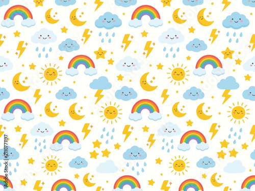 Colorful Hand Drawn Watercolor Rainbow Clouds And Sun.