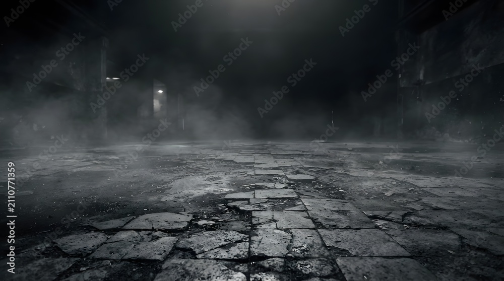 Obraz premium A dark and moody halloween background featuring a cracked stone floor with mysterious fog and soft lighting perfect for horror themed graphic design and projects