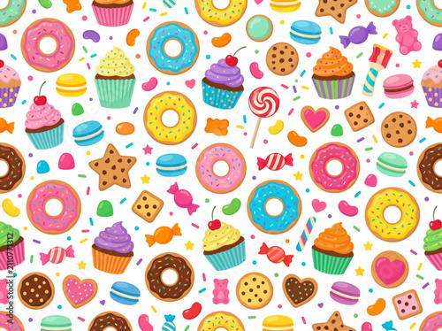 Colorful Assortment Of Delicious Donuts And Sweets Pattern.
