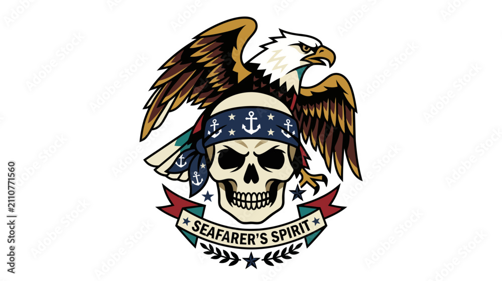 Fototapeta premium Skull and Eagle Emblem with Nautical Bandana and Seafarer's Spirit Text