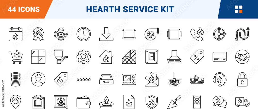 Fototapeta premium Fireplace installer website line icon set. Vector pictograms of hearth, chimney, stove, and gas elements, thin linear illustration.