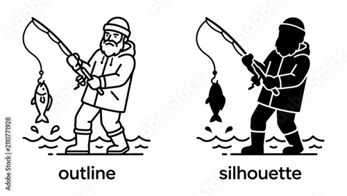 Canvastavla Fisherman With Catch: A bearded fisherman, depicted in both outline and silhouette, proudly displays a freshly caught fish on his line while standing in choppy water