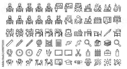 Photos Education and school line icons set, 75 thin outline vector symbols of students,