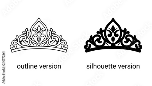 Fotografie Ornate Tiara Designs: Two elegant tiaras, one an intricate outline and the other a bold silhouette, showcase classic regal design