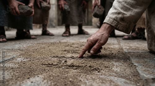 Jesus silently writing in the dust of the temple floor as an angry mob demands to stone a woman caught in adultery