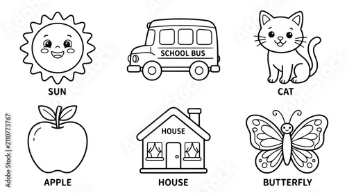 Set of six simple black and white outline icons including happy sun school bus kitten apple house and butterfly for kids art.