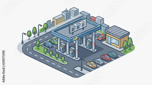Modern Fuel Station with Parked Vehicles.