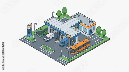 Modern Fuel Station with Service Vehicles.