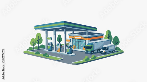 Modern Fuel Station with Clean Lines and Greenery.