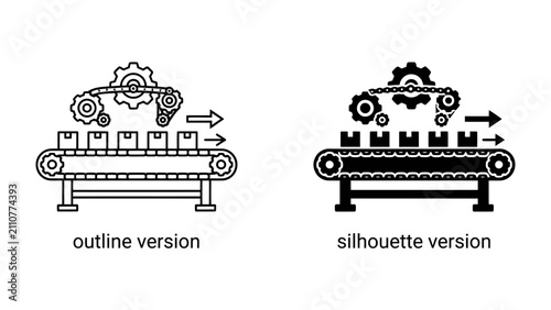 Картината върху платно Conveyor Belt System: Two iconographic representations, an outline and a silhouette, depict a conveyor belt system in motion, with gears and boxes moving along