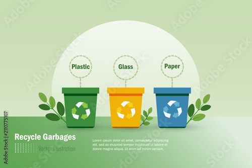 Recycling garbage bin sorting by material disposal in green, yellow and blue colored, rubbish bins for plastic, glass and paper. Waste segregation management for sustainable environment.