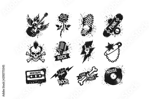 Collection of black and white punk rock music icons featuring skulls guitars microphones cassettes and various rebellious street art elements