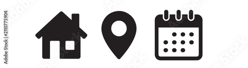 A set of three black showing a house, a location pin, and a calendar on a white background, for web and, mobile application interface