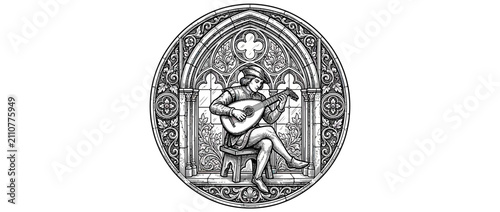 Foto Medieval musician playing lute inside ornate circular frame