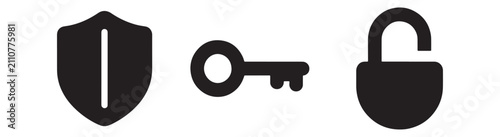 A set of three black showing a shield with a vertical line, a key, and an open padlock on a white background, for security and access