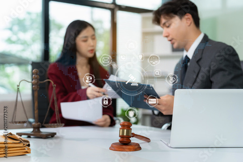 lawyer team signing legal documents, filling court records, and managing contracts in a modern office with collaboration, compliance, and justice.